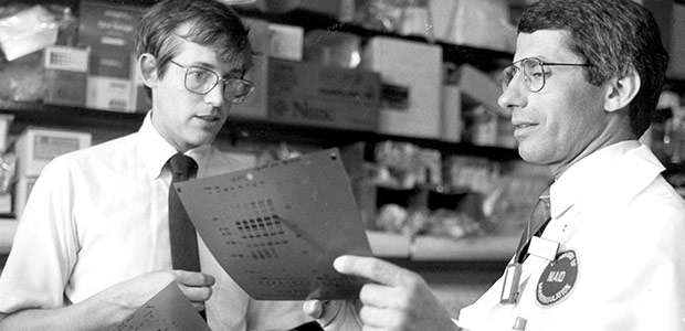 Dr. Fauci and Dr. Clifford Lane [M.D.] discussing AIDS-related data in 1987.