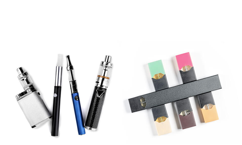 Common vaping devices include tanks or mods (left) and e-cigarettes. 