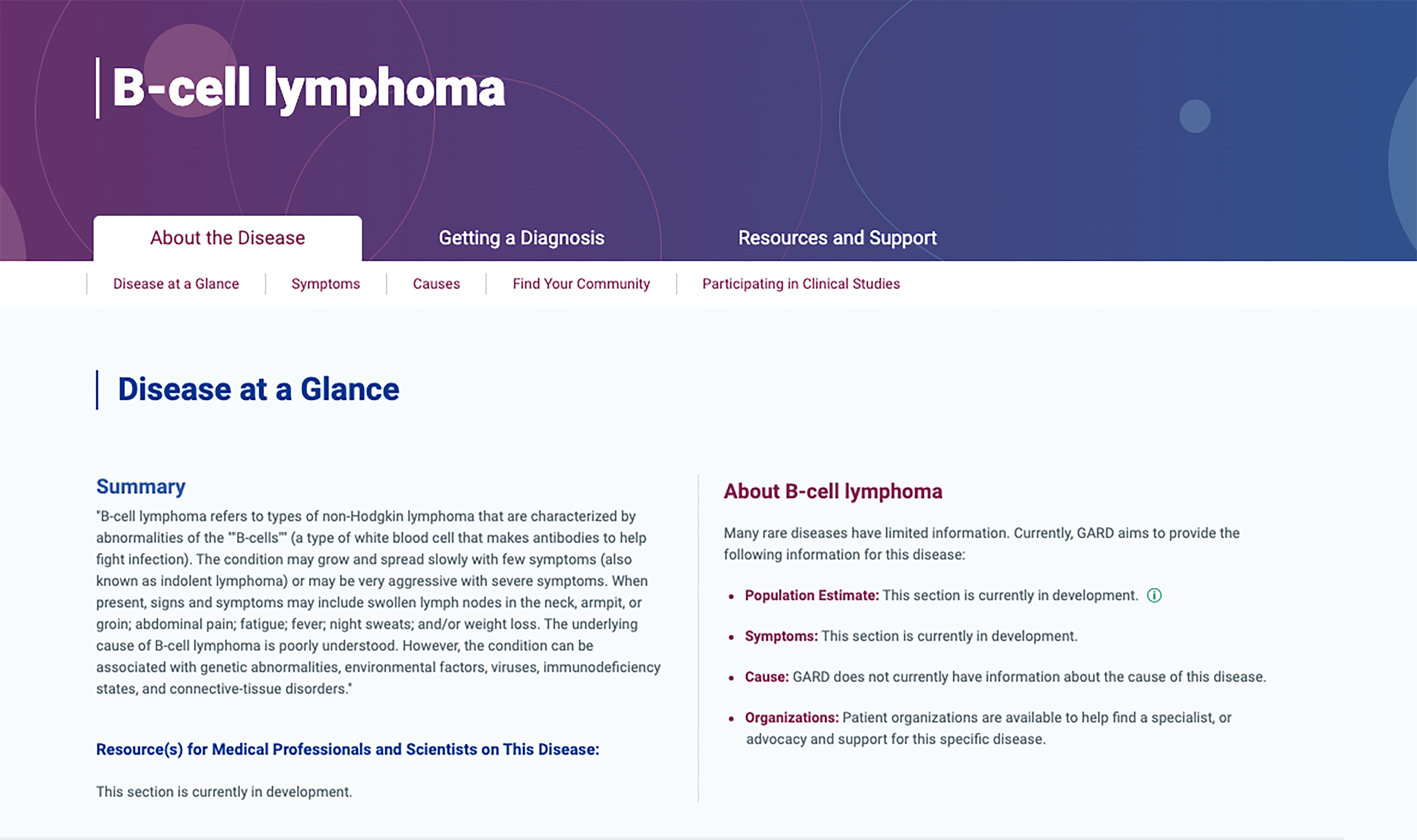 Example of a GARD webpage about a specific condition