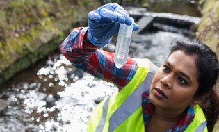 A researcher measures water samples from a stream. 