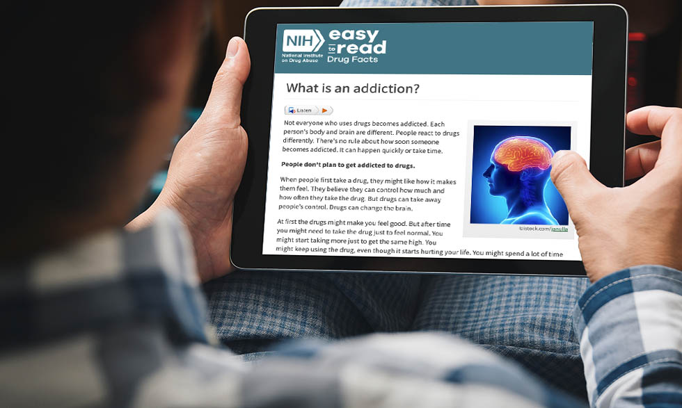 El sitio web fácil de leer con datos sobre drogas ofrece información sobre el uso indebido de drogas, la adicción y el tratamiento. 
