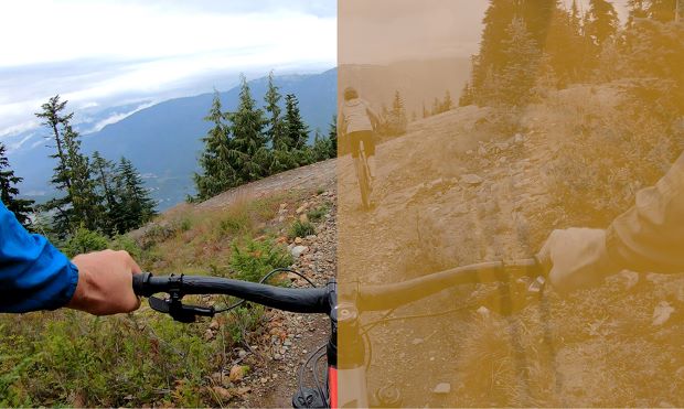 Mountain biker's point of view split between complete vision and cataracts vision.