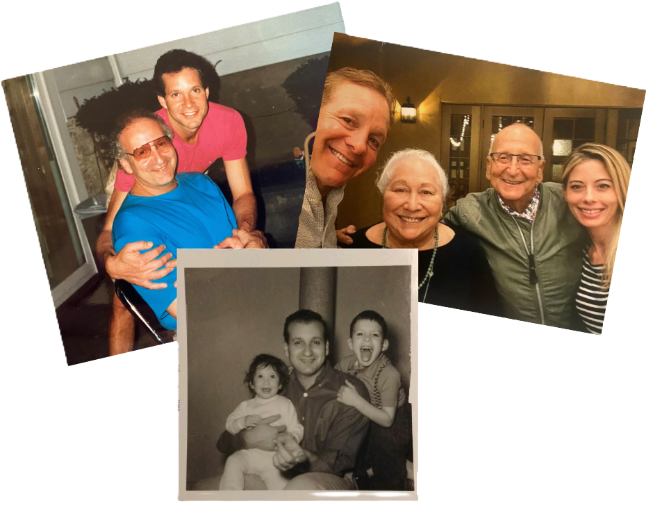 Photo of Steve Guttenberg and his father, Stanley. Black and white photo of Steve Guttenberg as a young child with his father, Stanley, and sister Judi. Photo of Steve Guttenberg with his mother, Ann, father, Stanley, and wife, Emily Smith.