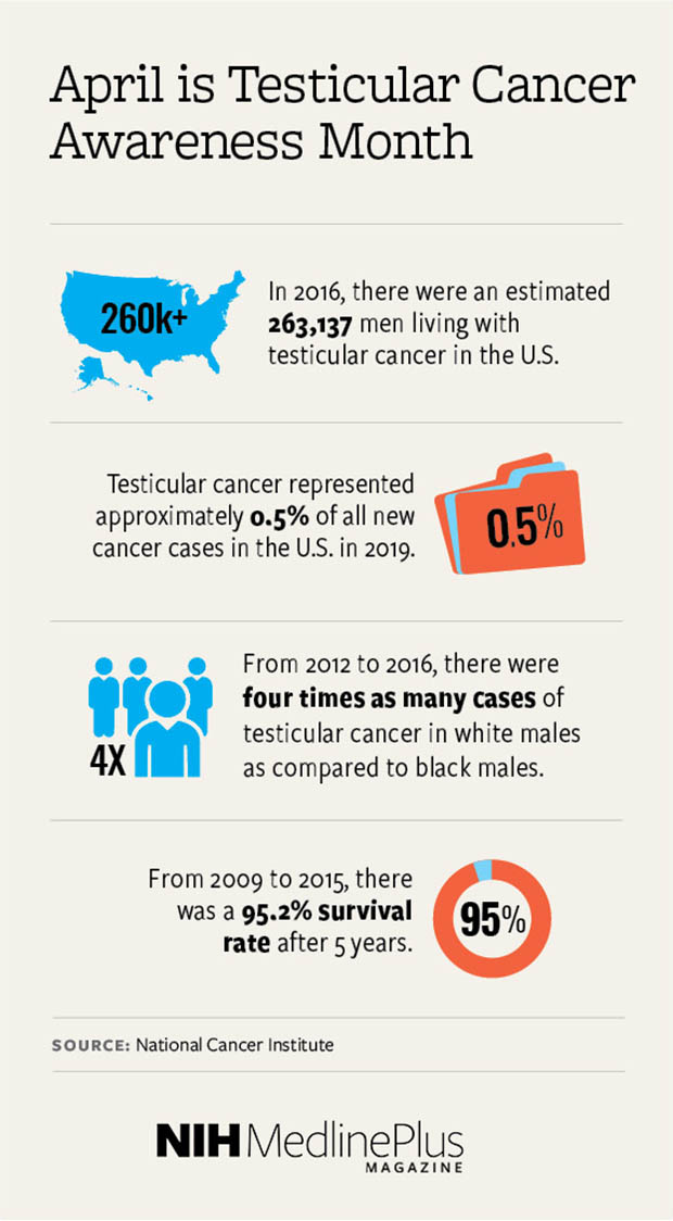 In 2016, there were an estimated 263,137 men living with testicular cancer in the U.S., Testicular cancer represented approximately 0.5% of all new cancer cases in the U.S. in 2019, From 2012–2016, there were four times as many cases of testicular cancer in white males as compared to black males, From 2009–2015, there was a 95.2% survival rate after 5 years