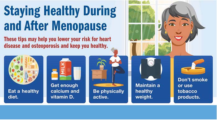 Staying healthy during and after menopause. These tips may help you lower your risk for heart disease and osteoporosis and keep you healthy. Eat a healthy diet. Get enough calcium and vitamin D. Be physically active. Maintain a healthy weight. Don't smoke or use tobacco products.