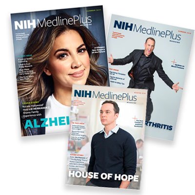 Cover of NIH MedlinePlus Magazine from issues featuring Jim Parsons, Matt Iseman and Liz Herndandez